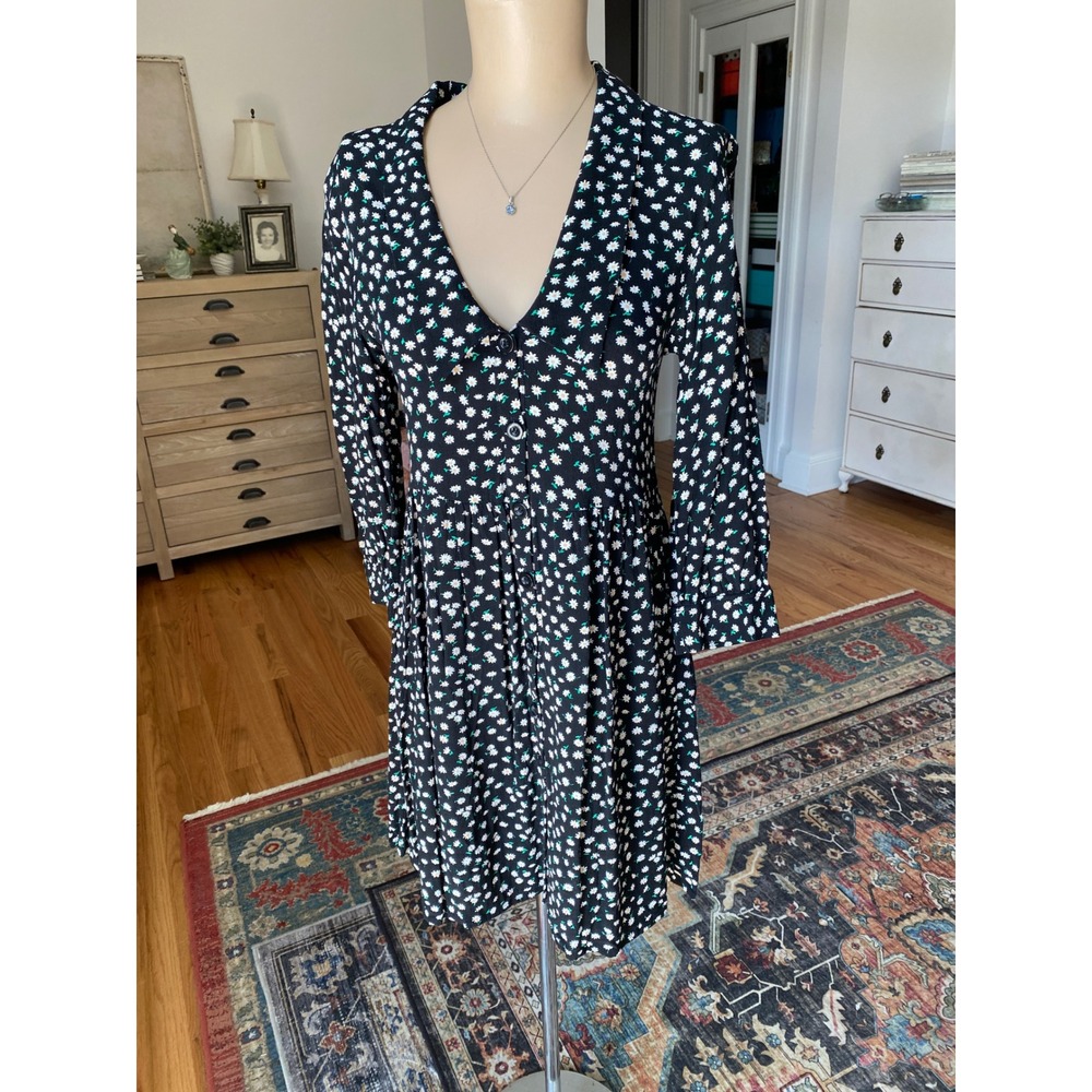Zara Womens Black Daisy Floral Button Front Mini Dress V-Neck Long Sleeve XS